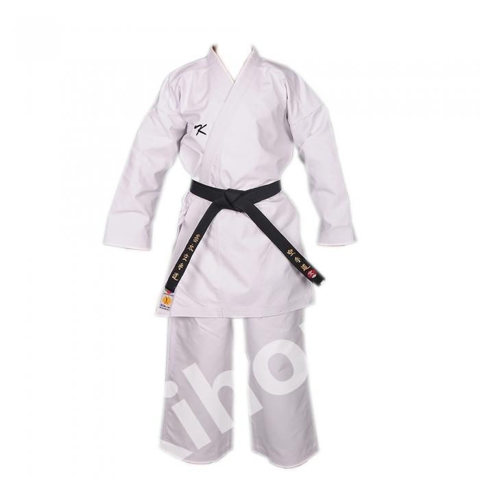 White karate gi with a black belt and embroidered details on the side.