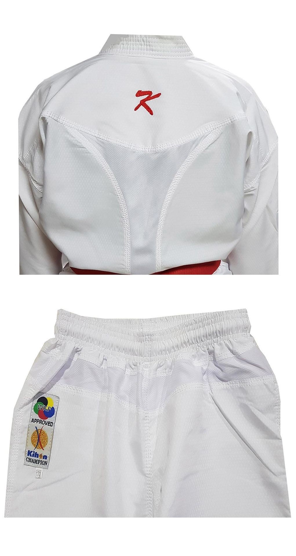 White karate gi with red logo and WKF approved label, back and pants view.