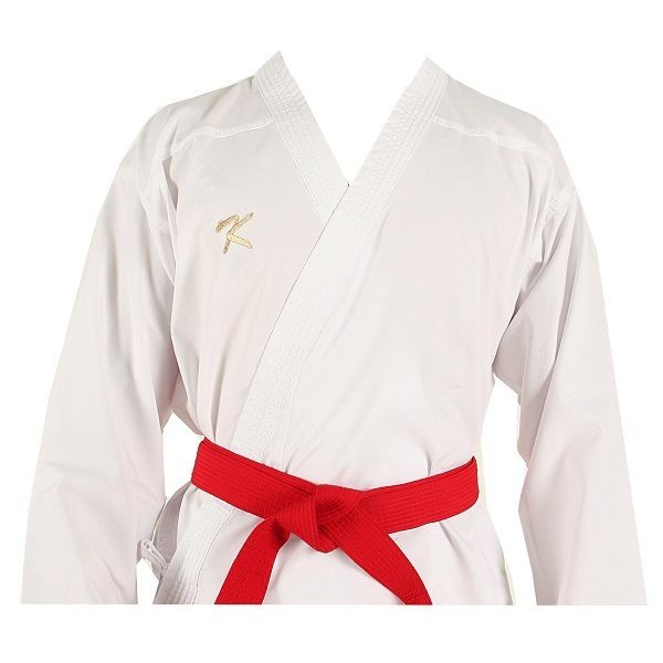 White martial arts gi with a red belt tied around the waist.