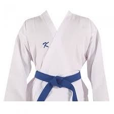 White karate gi with a blue belt tied at the waist, front view.