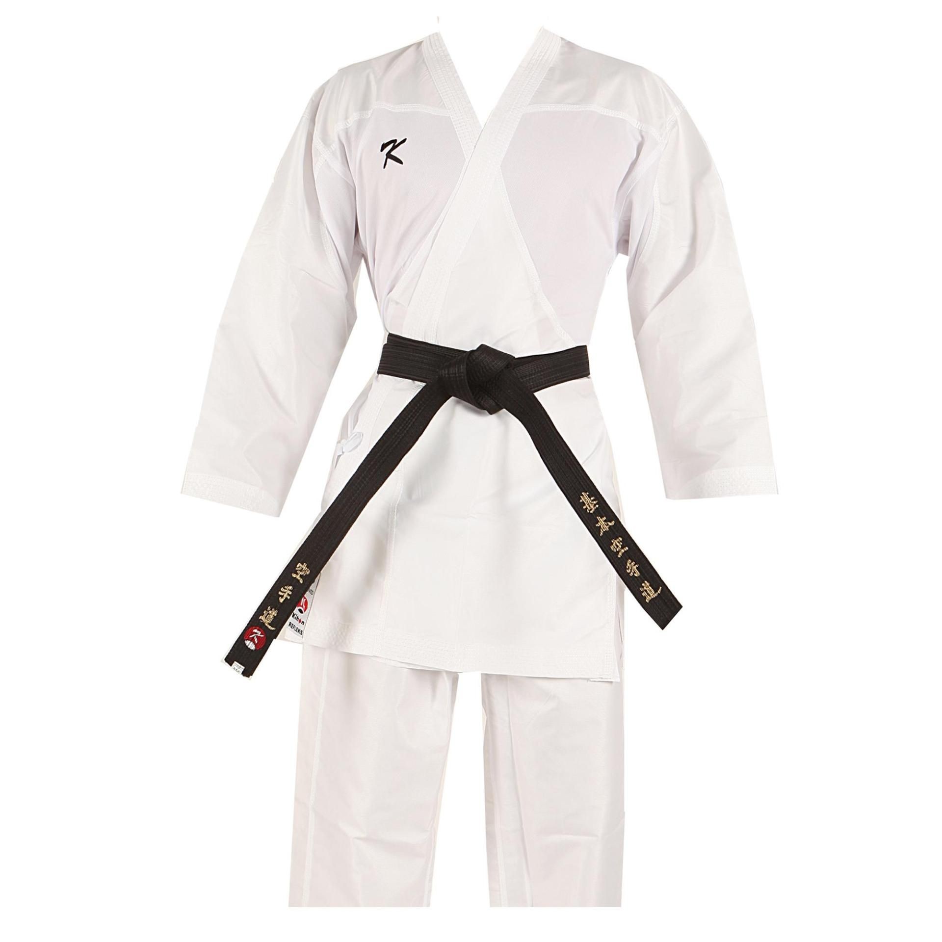 White karate gi and black belt with embroidered text, displayed on a white background.