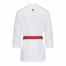 Back view of a white martial arts gi with a red belt tied around the waist.