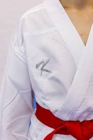 Close-up of a person wearing a white martial arts gi with a red belt.