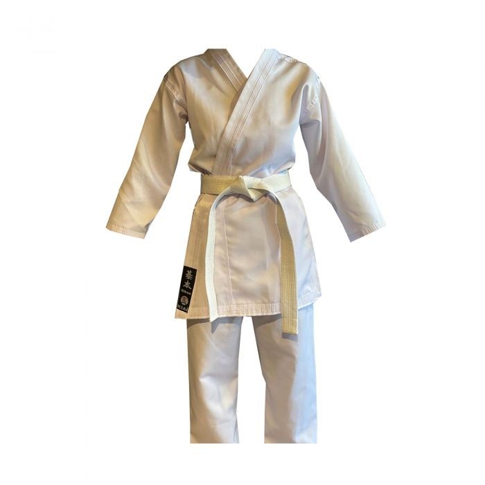 White martial arts uniform with a yellow belt, displayed on a mannequin.